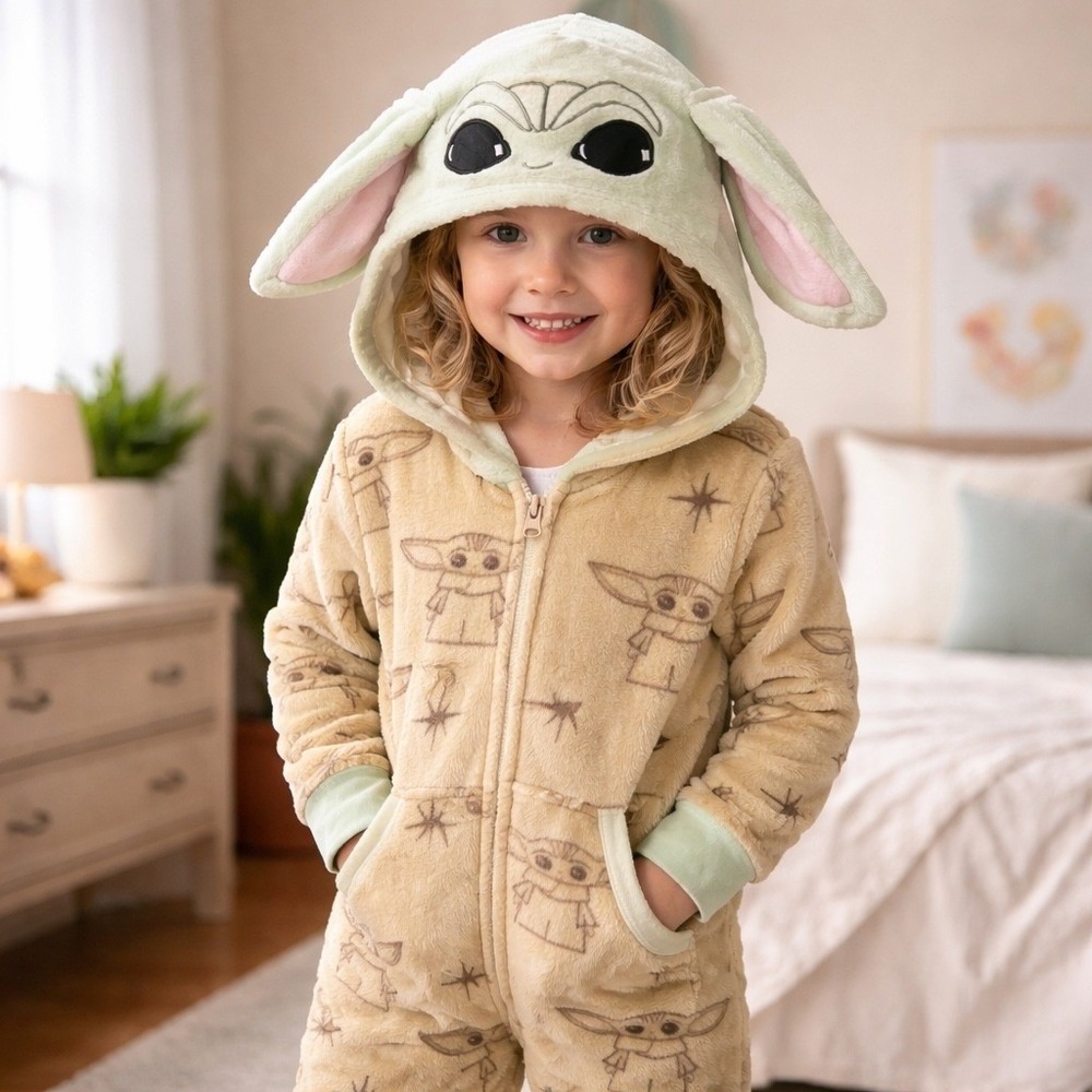 Star Wars Grogu Hooded‎ Fleece One Piece Pajamas Kids S 4-6 Baby Yoda